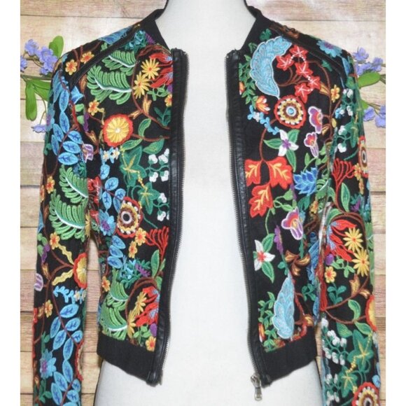 Dolce Cabo FRIDA Floral Embroidered Bomber Jacket Size S Full Zip Boho Colorful - Picture 2 of 12